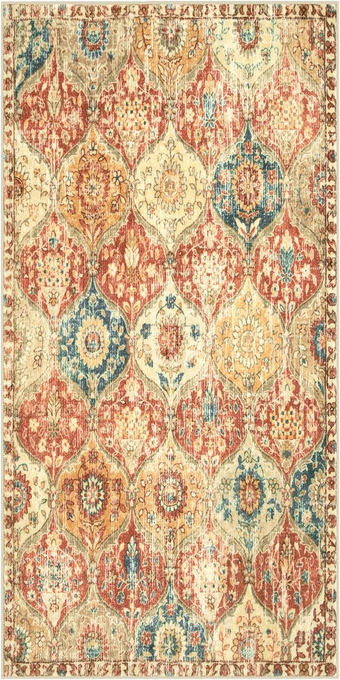 Lahome Kitchen Rugs Non Slip Washable Rugs for Entryway, 2x4 Rug Non-Slip Moroccan Trellis Ultra-Thin Indoor Door Mat Small Carpet for Bathroom Bedroom Entry, Red/Orange