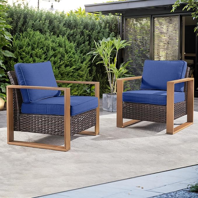 Wicker Outdoor Patio Chairs Set of 2, Rattan Patio Furniture Chairs with Sturdy Frame,All-Weather PE Wicker,Wide Armrest,Deep Seating and Thick Cushions for Deck Porch Garden(Brown/Blue)