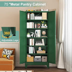Metal Pantry Cabinet with 2 Doors and 5 Adjustable Shelves, 75" Kitchen Storage Cabinet with Gold Handles, Versatile Storage for Laundry, Living, Bathroom, Dining, Utility Room - Green