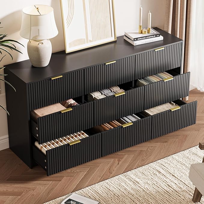 Black Dresser for Bedroom, 9 Drawer Double Dresser, Modern Chest of Drawers for Bedroom, Living Room, Entryway and Closet, 63" L x 15.7" D x 31.5" H