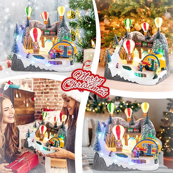 VCUTEKA Christmas Village, Hot Air Balloon Snow Mountain with Rotating Santa Claus Lighted Musical Village Perfect Addition to Your Christmas Indoor Decorations or Holiday Displays