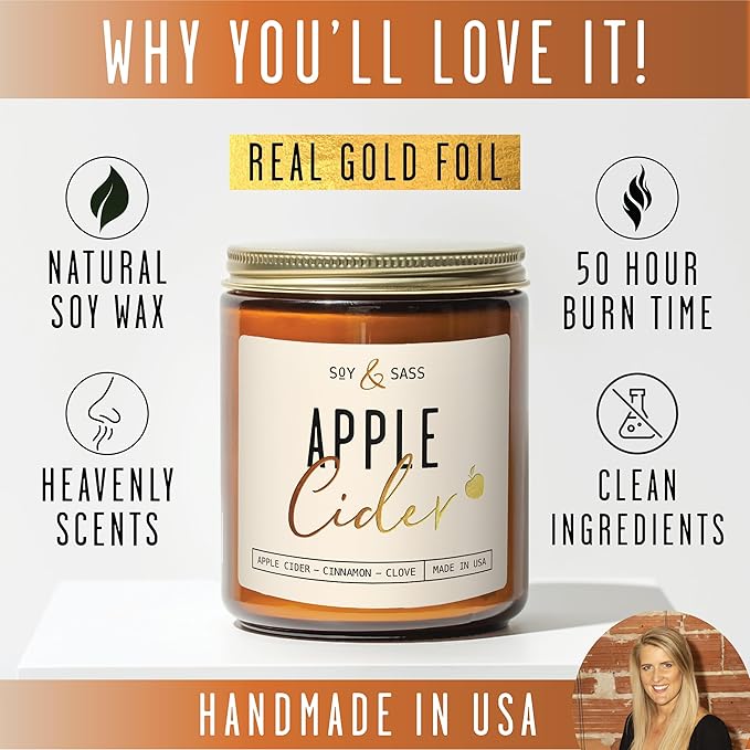 Apple Cider Candle, Fall Candles I Apple Cider, Cinnamon & Nutmeg - Infused with Essential Oils I Mulled Cider Fall Scented Candle (Soy) for Home I 9oz Reusable Jar I 50Hr Burn I Made in USA