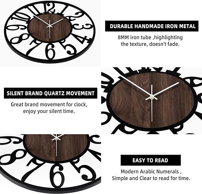 LEIKE Large Wall Clocks,Silent,Non Ticking,Battery Operated Big Retro Round Modern Wood Wall Clock for Living Room, Bedroom,Dinning Room,Farmhouse,Office,Home Decor-20 Inch(Black-Arabic Number)