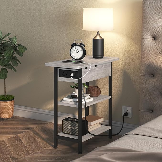 LIDYUK End Table with Charging Station, Flip Top Side Table with USB Ports and Outlets, Nightstand for Small Spaces, Bedside Tables with Storage Shelf for Living Room, Bedroom, Light Grey