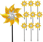 Hausse 10 Pack Reflective Pinwheels with Stakes, Extra Sparkly Pin Wheel for Garden Decor, Bird Repellent Devices Deterrent to Scare Birds Away from Yard Patio Farm, Golden
