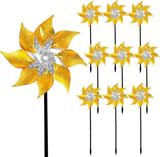 Hausse 10 Pack Reflective Pinwheels with Stakes, Extra Sparkly Pin Wheel for Garden Decor, Bird Repellent Devices Deterrent to Scare Birds Away from Yard Patio Farm, Golden