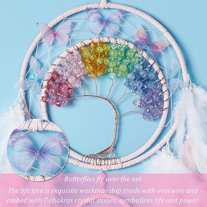 7 Chakras Dream Catchers Tree of Life Dream Catcher Colorful Feather Butterfly Dreamcatcher Wall Decor with Rainbow Healing Crystal Stone Wall Art for Bedroom Home Decor Bless Gift Wedding Party