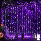 JMEXSUSS 300LED Purple Halloween Lights with Remote, Curtain Hanging Light Plug in, 8 Modes Purple String Lights for Bedroom Window Wall Party Backdrop Christmas Halloween Decorations