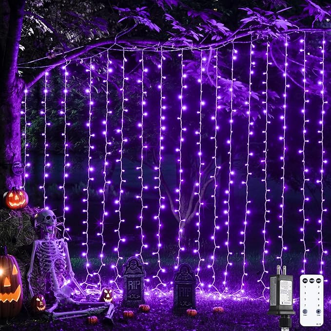 JMEXSUSS 300LED Purple Halloween Lights with Remote, Curtain Hanging Light Plug in, 8 Modes Purple String Lights for Bedroom Window Wall Party Backdrop Christmas Halloween Decorations