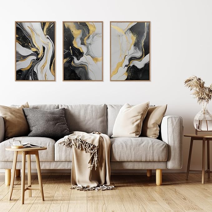 HLNIUC Abstract Gold and Black Framed Canvas Wall Art,Large Neutral Black and White Wall Decor Set of 3(16”x24”)Modern Gold Foil Framed Painting,Textured Marble Fluid Art Print for Living Room,Bedroom