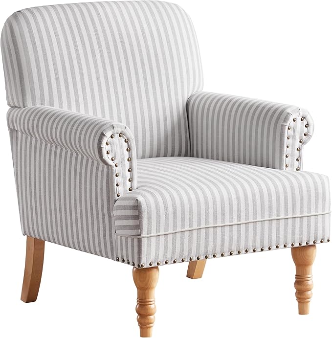 HUIMO Linen Fabric Accent Chair, Mid-Century Modern Armchair with Solid Wood Legs, Single Sofa Chair,Upholstered Reading Club Chair (1, Grey and White Stripe)