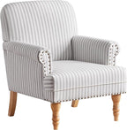 HUIMO Linen Fabric Accent Chair, Mid-Century Modern Armchair with Solid Wood Legs, Single Sofa Chair,Upholstered Reading Club Chair (1, Grey and White Stripe)