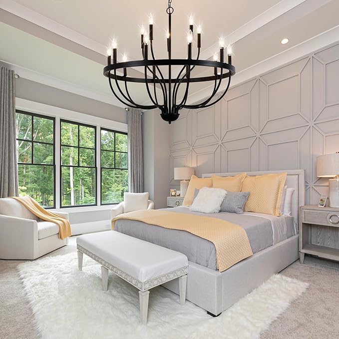 Black Chandelier 15-Light Industrial Iron Candle Chandelier Modern Suspended Farmhouse Chandeliers Pendant Light Fixtures for Dining Room Bedroom Living Room Kitchen Island Foyer E12 Bulb