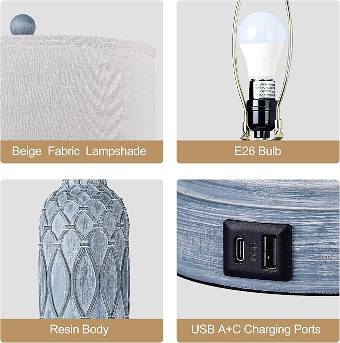 Farmhouse Lamps for Bedroom Set of 2, 28" Rustic Lamps for Living Room with USB Ports, 3-Way Dimmable Nightstand Table Lamp (Bulbs Included)