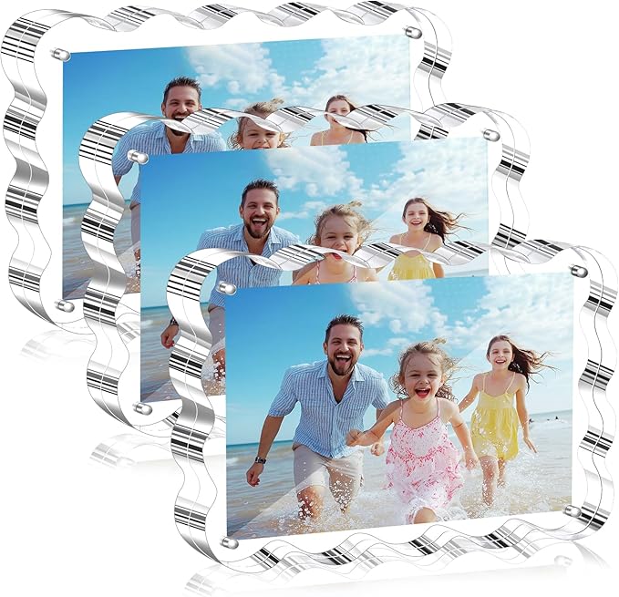 Aheroi 5x7 Acrylic Photo Frames, 3 Pack Clear Acrylic Picture Frame, Freestanding Scalloped Magnetic Picture Frames, Transparent Double Sided Frameless Frame for Desktop, No Instal No Toxic