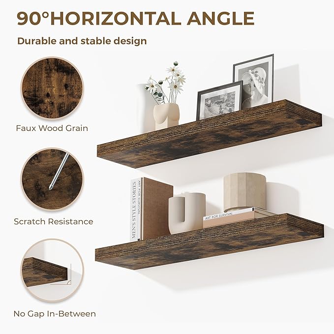 36 Inches Floating Shelves for Wall, 9.3" Deep Long Floating Shelves Set of 2, Large Display & Storage Shelf, Wall Shelf for Bathroom Bedroom Living Room Kitchen Office, Rustic Brown