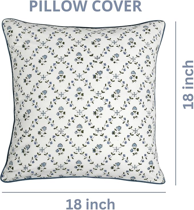 Ridhi Powder Blue Block Print Preppy Grandmillennial Pillow Cover Set of 2-18" x 18" Throw Pillow for Home White Floral Pillow Cover Grandmillennial Home Decor Thanksgiving