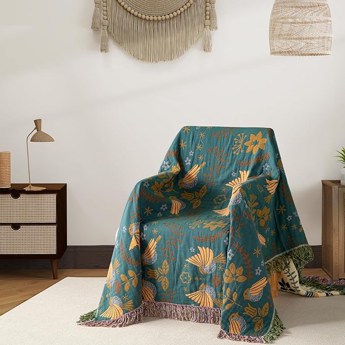 Boho Throw Blanket Queen Size, Oversized Soft Cozy Cotton Muslin Quilt Blanket for Bed Decor, Bird Patterned Couch Sofa Chair Cover, Vintage Farmhouse Cottage Woven Blanket, Green&Beige