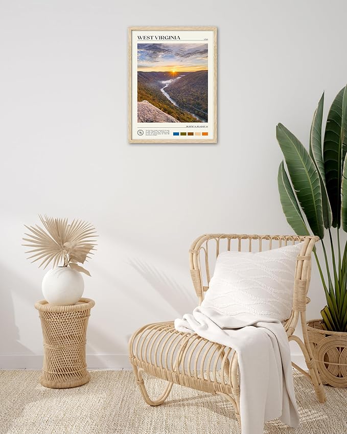 HesenDot Natural OAK Wood Framed West Virginia Wall Art,12x16in New River Gorge Quality Canvas Wall Print,Classic Urban Landmark Wall Decor for Living Room,Bedroom,Office Gallery Gifts Set of 1