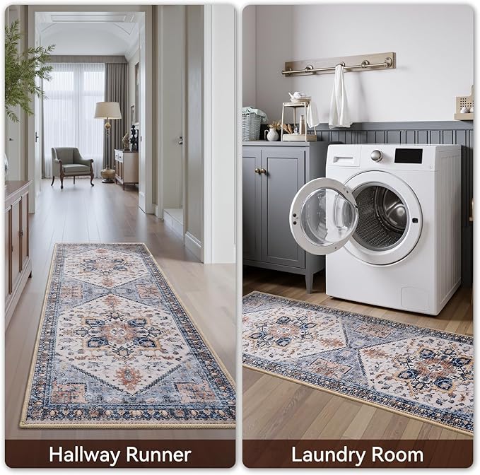 2x8 ft Runner Rug for Hallways Non Slip Washable Kitchen Runner Bedroom Bedside Runners Long Runners for Entryway Laundry Room Bathroom Neutral Vintage Blue Rust