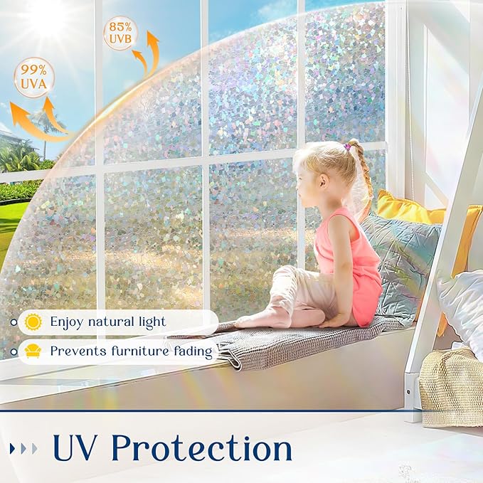 Haton Window Privacy Film, Rainbow Stained Glass Window Clings, 3D Decorative UV Sun Blocking Sticker, Removable Static Cling Heat Control Tint for Home Door, 35.4" x 157.4" Non-Adhesive