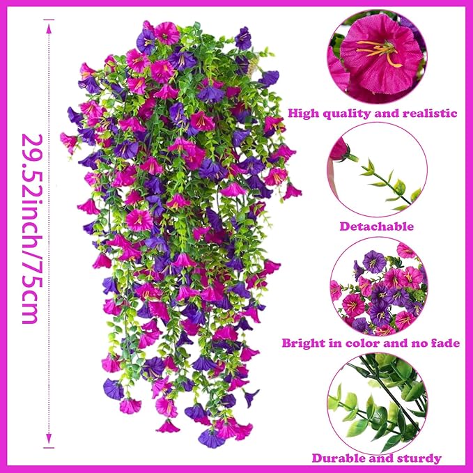 Artificial Hanging Flowers – 4 Pack UV Resistant Fake Morning Glory Vine Faux Plants for Porch, Patio, Balcony, Garden, Indoor & Outdoor Decor (Purple & Hot Pink)
