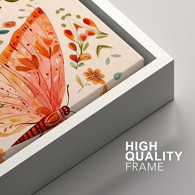 SIGNFORD Framed Canvas Print Wall Art Set Whimsical Butterfly and Florals Colorful Nature Illustration Modern Art Decorative Nordic Nature for Living Room, Bedroom, Office - 16"x24"x2 White