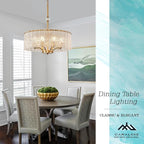 Modern Glass Chandelier Gold Drum Chandelier Light Fixture Round 24in Dining Room Chandelier Lighting 8 Light Ripple Glass Chandelier for Living Room Bedroom Entry Foyer