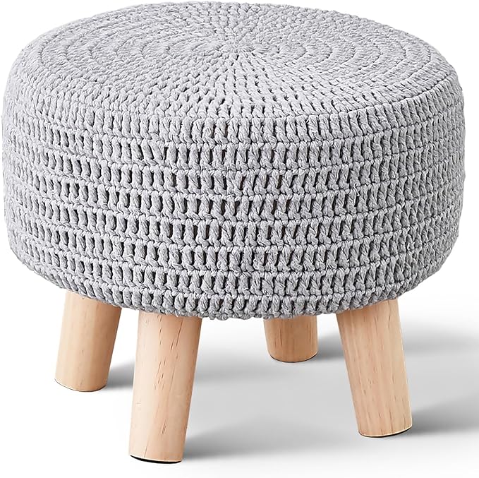 Wimarsbon Small Ottomans, 100% Hand Knitted Pouf Ottoman, Round Footrest with 4 Non-Skid Wood Legs, Boho Décor Cotton Rope Pouffe Beside Sofa, Leisure Floor Step Chair for Living Room (Grey)