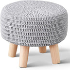 Wimarsbon Small Ottomans, 100% Hand Knitted Pouf Ottoman, Round Footrest with 4 Non-Skid Wood Legs, Boho Décor Cotton Rope Pouffe Beside Sofa, Leisure Floor Step Chair for Living Room (Grey)