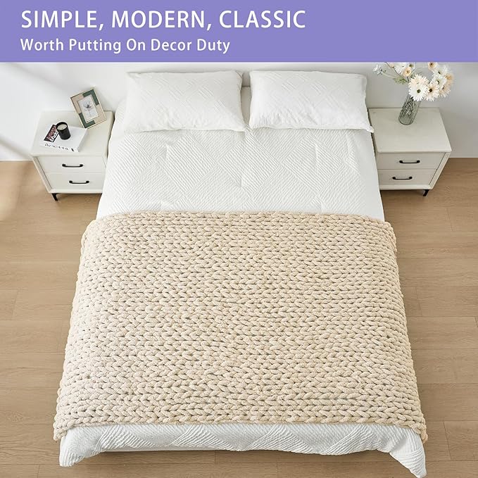 Bigacogo Chunky Knit Throw Blanket for Couch, 40x80 inches, 100% Hand Knitted with Thick Jumbo Chenille Yarn, Cozy Soft Large Rope Knot Cable Crochet Blankets for Sofa Bed Living Room, Beige