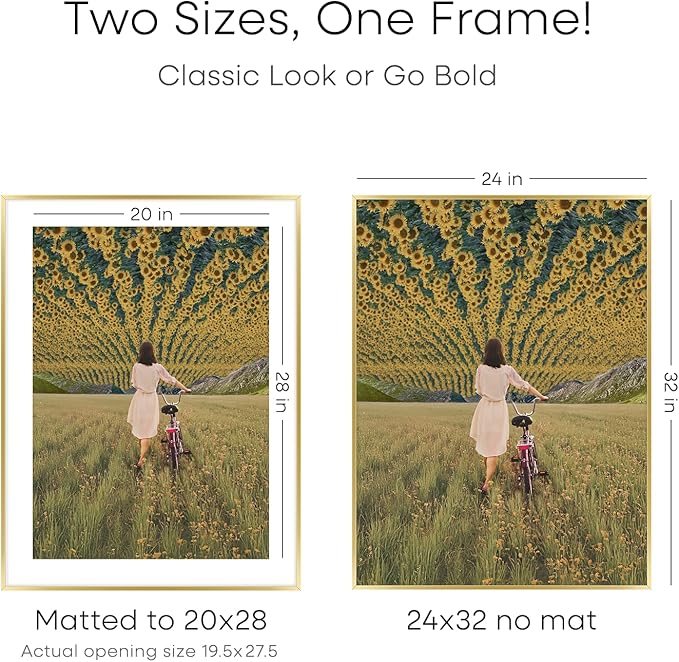 Homeforia 24x32 Poster Frame Gold, High End Metal 24 x 32 Large Picture Frames with Mat 20 by 28 for Photo, 24x32 Gold Frame Matted to 20x28 inch Print, 32x24 Frame, Tempered Glass, Wall Kit, Set of 1