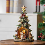 12'' Christmas Tree Lighted Manger Nativity Scene, Musical Holy Family Figurines LED Light Play Silent Night Music, Battery & USB Home Decor Gifts Festive Holiday Decorations