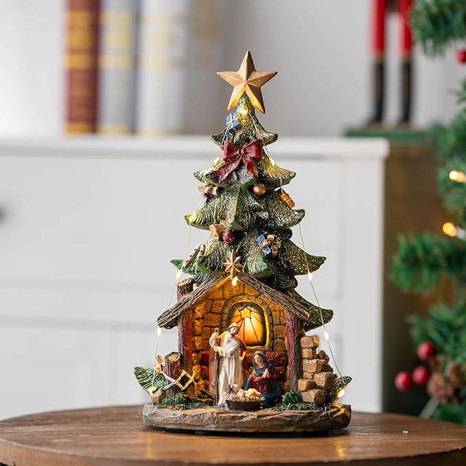 12'' Christmas Tree Lighted Manger Nativity Scene, Musical Holy Family Figurines LED Light Play Silent Night Music, Battery & USB Home Decor Gifts Festive Holiday Decorations