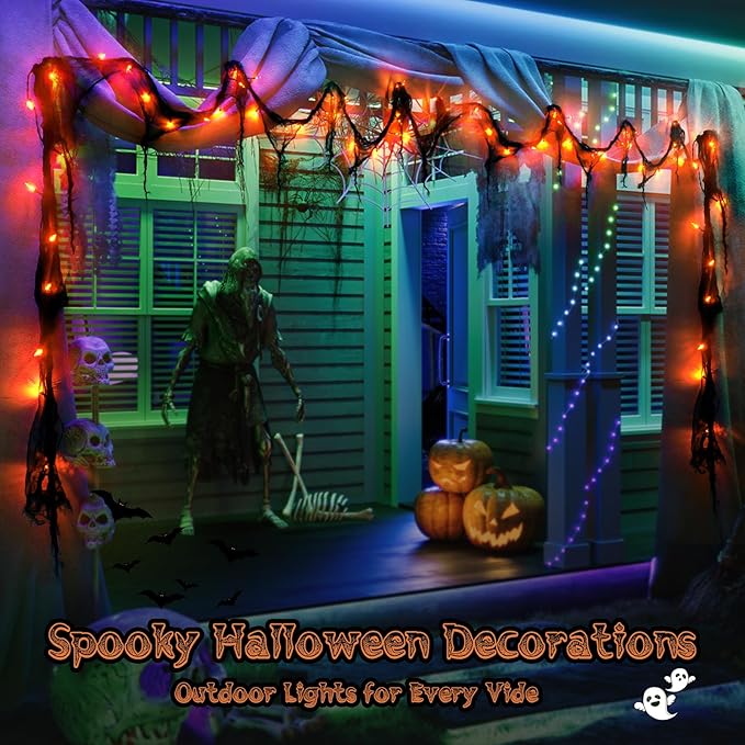 Halloween Horror Atmosphere Lights, Orange&Purple LED String Lights with 9.9FT Creepy Black Gauze, Battery Powered with Timer & 8 Flashing Modes (2 Pack Orange)