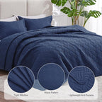 Love's cabin California King Size Quilt Bedding Set Navy Bedspread - Cal King Summer Lightweight Bedspread Comforter - Wave Pattern Coverlet for All Season - 3 Pieces (1 Quilt, 2 Pillow Shams)