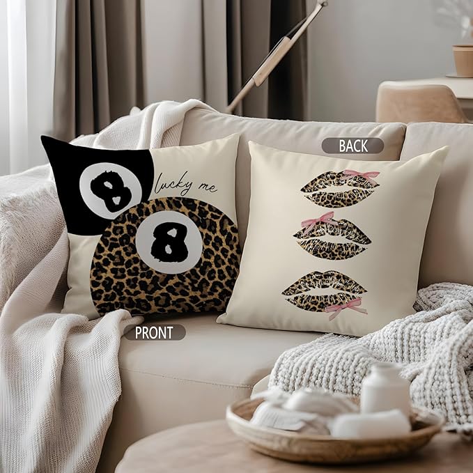 Coquette Pink Bow Leopard Print Lips Lucky 8 Ball Throw Pillow Covers 18x18, Cheetah Room Decor, Funky Y2K Leopard Print Decorative Pillow Covers for Girls Room Dorm Apartment Home
