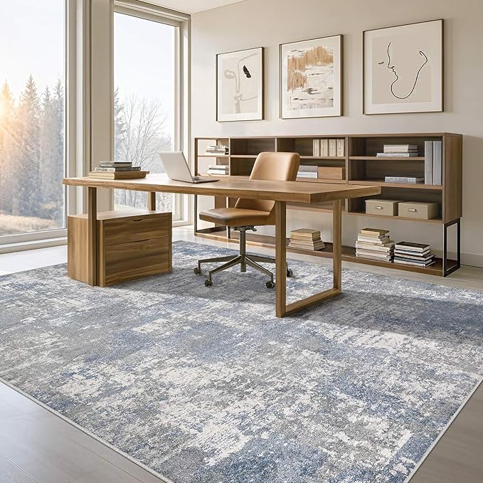 Tortania Washable 8x10 Area Rug for Living Room: Modern Abstract Neutral Large Soft Thin Rugs - Non Slip Indoor Carpet for Bedroom Dining Room Office Nursery Home Floor Decoration - Blue Grey