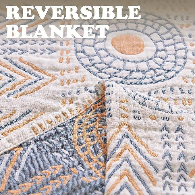 jinchan Boho 100% Cotton Muslin Queen Size 80x90 Throw Blanket Lightweight 4-Layer Orange Reversible Blanket Washable Breathable Geometric Striped Pattern Soft Comfy for Couch Bed Decor All Seasons