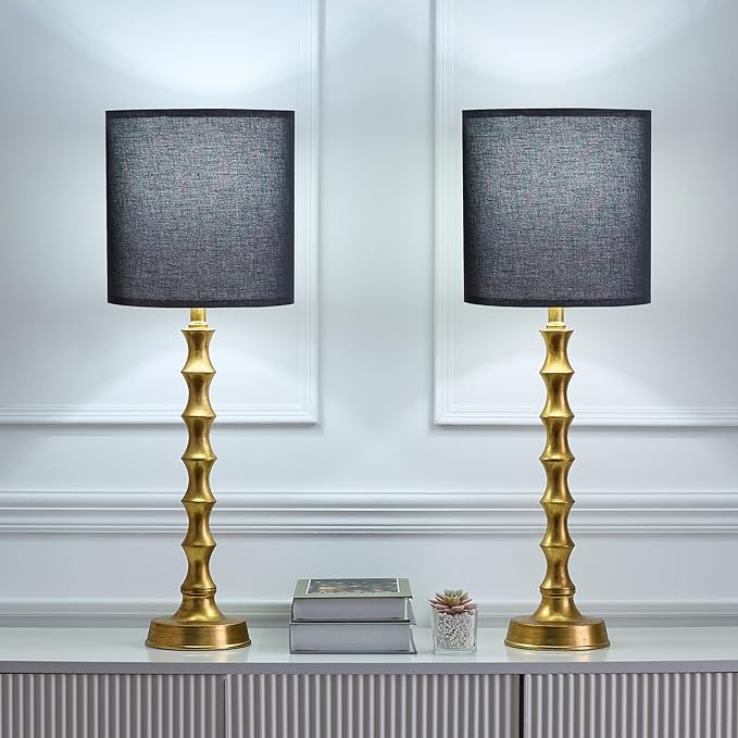 28.75" Gold Table Lamps Set of 2, Gold Buffet Lamps Set of 2 with Black Shade, Rustic Tall Skinny Nightstand Lamp for Bedroom, Living Room, Guest Room Decor