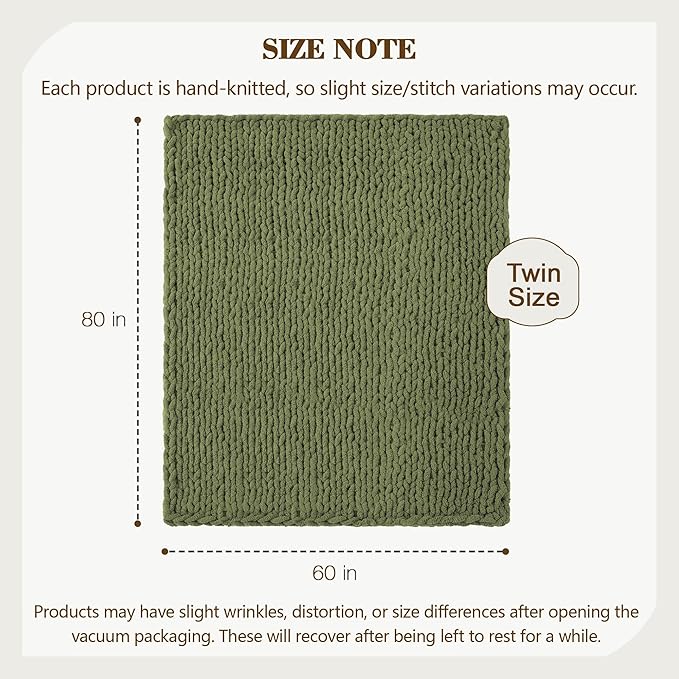 Carriediosa Chunky Knit Throw Blanket 60" X 80" Twin, 100% Hand Made Large Chenille Loop Yarn Soft Fluffy Throws for Couch Sofa Bed, Big Crochet Cozy Heavy Thick Cable Woven Blankets, Olive Green