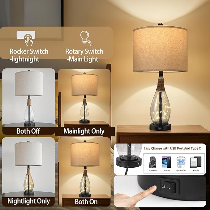 OYEARS 23" Table Lamps for Living Room Set of 2 Bedside Lamps for Night Stands Bedroom Lamps Farmhouse Rattan Boho Lamp Glass Nightlight End Table Lamp with USB C+A (Black),Two Light Points