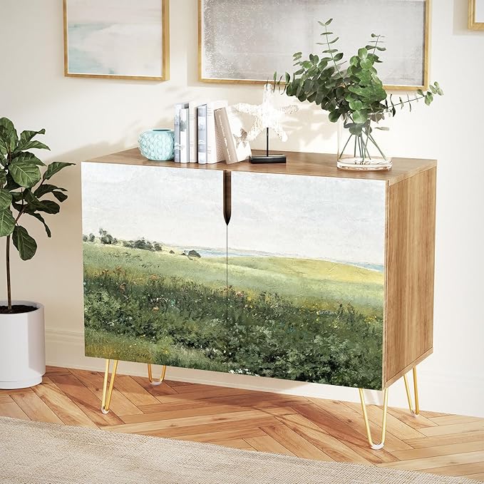 SIGNWIN Sideboard Buffet Cabinet, Kitchen Storage Cabinet with 2 Doors, Rustic Countryside Green Hill, Cupboard Console Table for Dining Room - 35" L x 18" W x 29" H