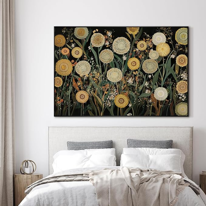 SIGNWIN 46"x72" Extra Large Framed Wall Art Whimsical Dandelion Field in Yellow and Green, Playful Botanical Print for Home Living Room Bedroom Decor (Frame Assembly Required)