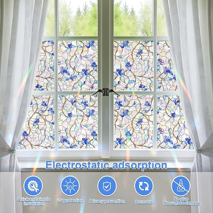 Window Privacy Film Stained Glass Decorative Static Clings Rainbow Window Tint for Home Room Decor Bathroom Door Car Stickers with Iridescent Effect, Removable(Blue Violet Botanical)
