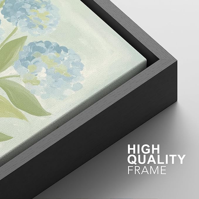 SIGNFORD Framed Canvas Print Wall Art Set Soft Hydrangea Pair Light Blue Florals with Green Leaves Illustration Modern Art Decorative Nordic Nature for Living Room, Bedroom, Office - 24"x36"x2 Black