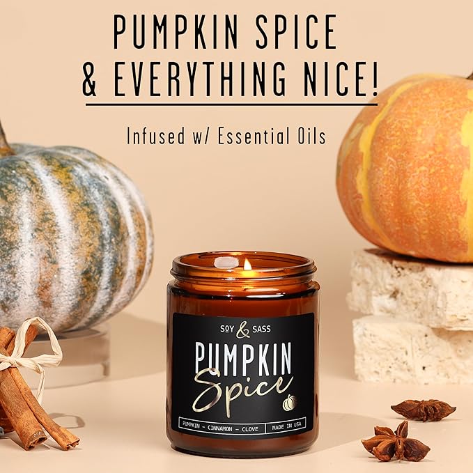 Pumpkin Spice Candle, Fall Candles - 'Pumpkin Spice' Pumpkin Candle I Infused w/Essential Oils I Autumn Scented Soy Candles for Home I Fall Home Décor I 9oz Reusable Jar, 50Hr Burn, Made in USA