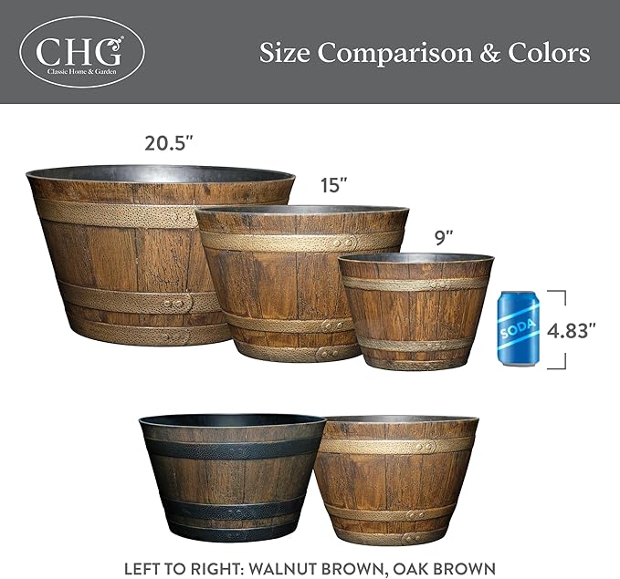 Classic Home & Garden Whiskey Barrel Planters - Wooden Finish Flower Planter Pot - Stylish Garden Pots - Indoor & Outdoor Resin Planters - Weather-Resistant Planting Pots (9" Oak Brown, Pack of 1)