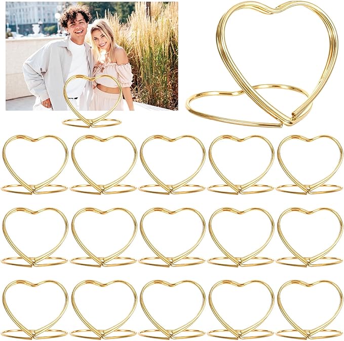 16Pcs Gold Place Card Holders,Picture Holders for Tables Heart-Shaped Table Number Holder Mini Photo Holder for Centerpiece Party Wedding
