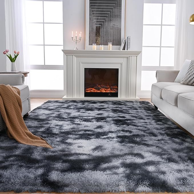 Fluffy Rug 5x7 Bedroom Rugs: Shag Rug for Bedroom - Area Rug 5x7 Grey Plush Fuzzy Soft Carpet for Living Room (Tie-Dyed Dark Gray)
